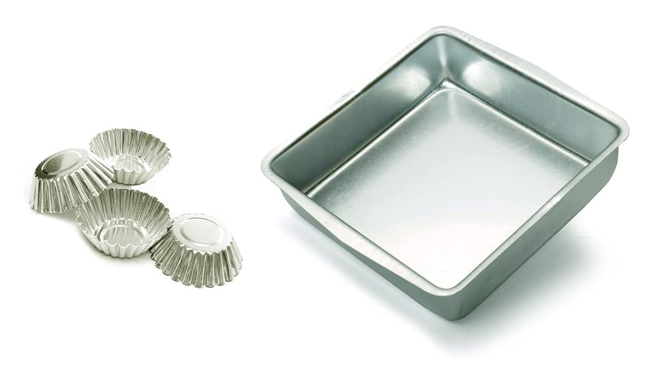 Aluminium Square Shape (Half Kg) Cake pan with Tart Molds (4 Pcs) for Oven