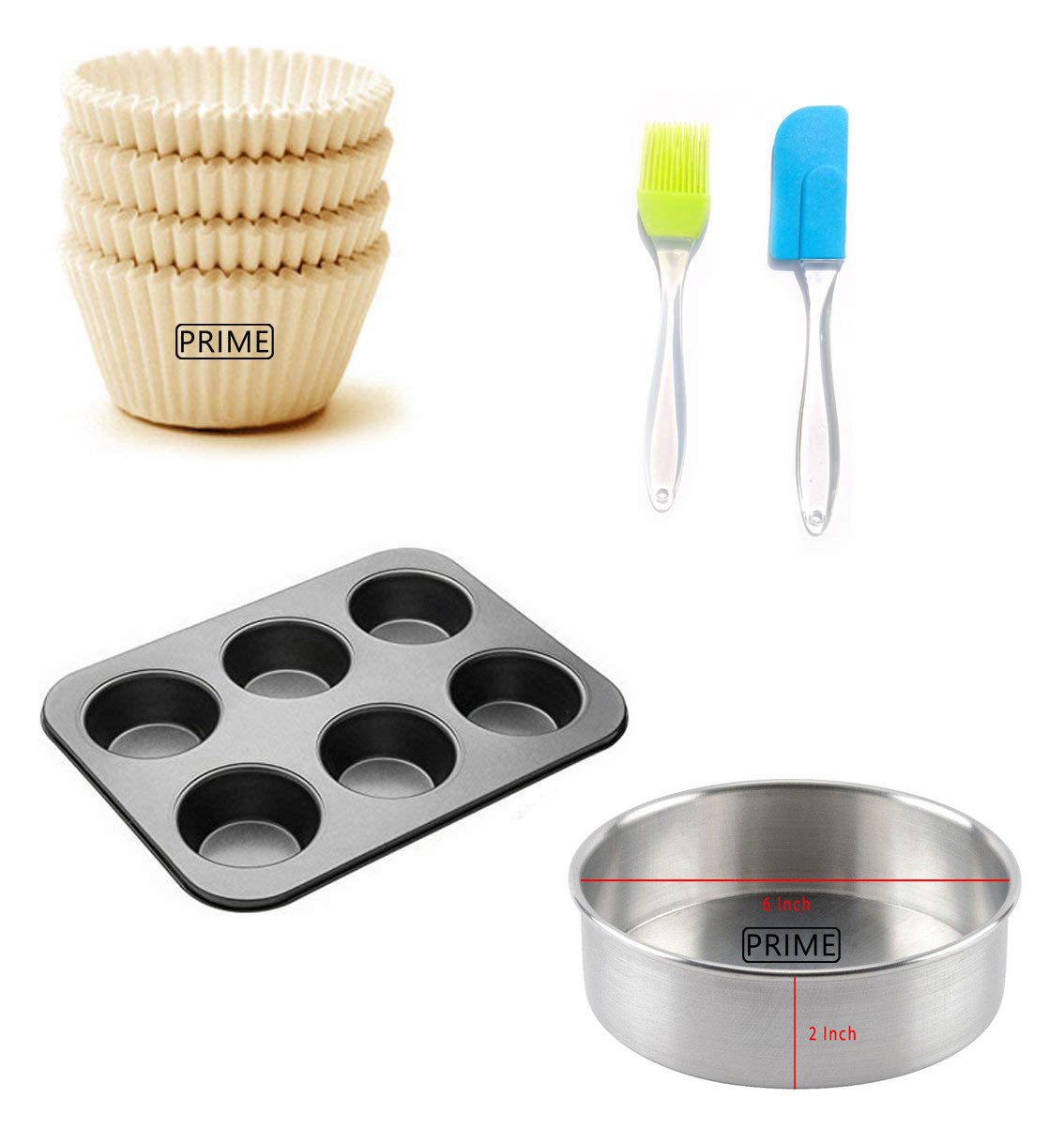 Cake Baking Pan (Half kg) Non Stick Muffin Tray (6 Slots) 100 Pcs Paper Cups Silicone Spatula and Brush