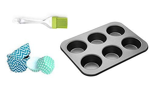 6 Slot Non Stick Black Muffin Tray with 100 Paper Moulds and Silicone Oiling Brush