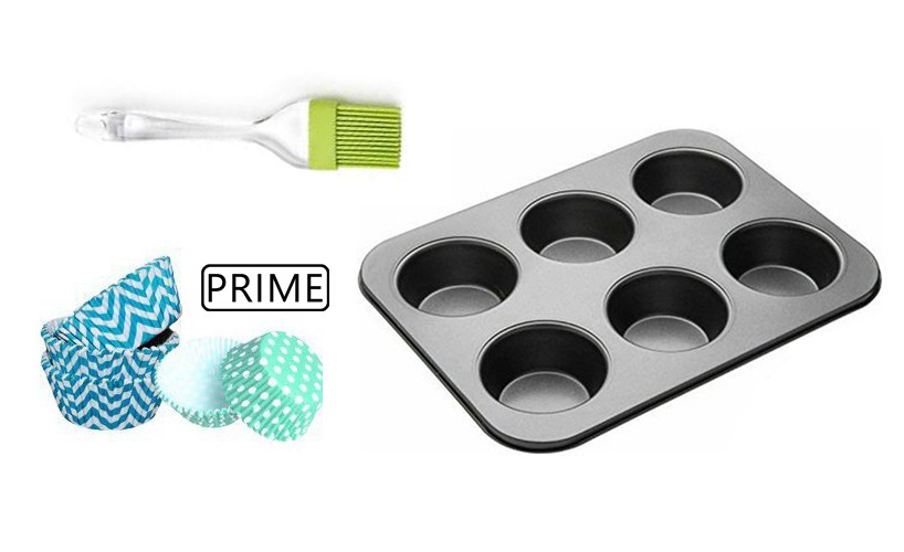 6 Slot Non Stick Black Muffin Tray with 100 Paper Moulds and Silicone Oiling Brush